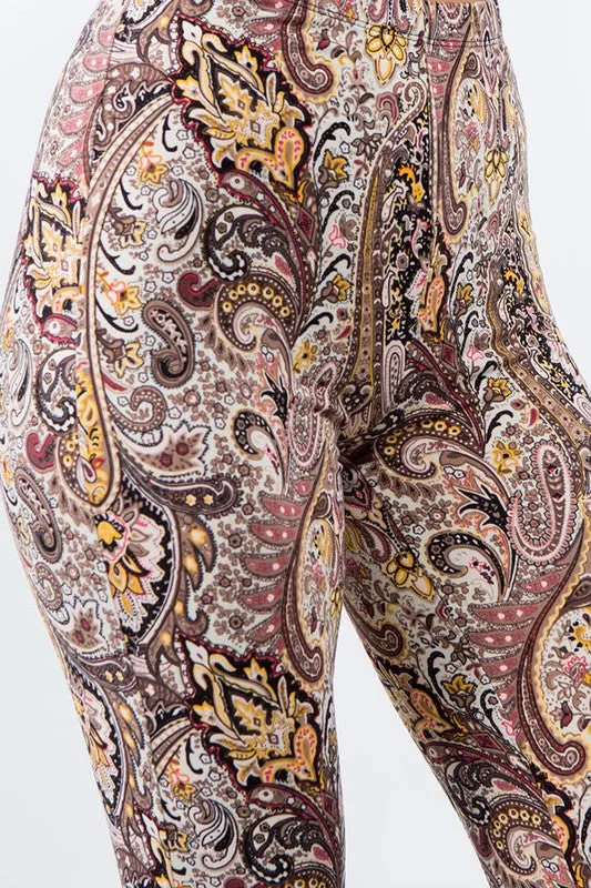 Beige Paisley Print Bell Bottom Leggings