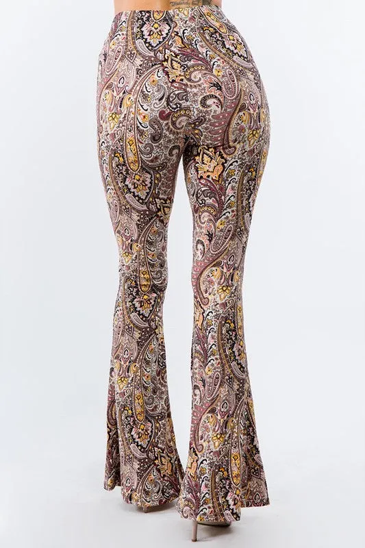 Beige Paisley Print Bell Bottom Leggings