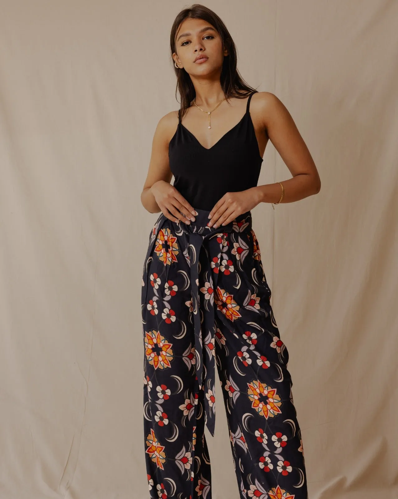 Damask Rose Cotton Pants Black