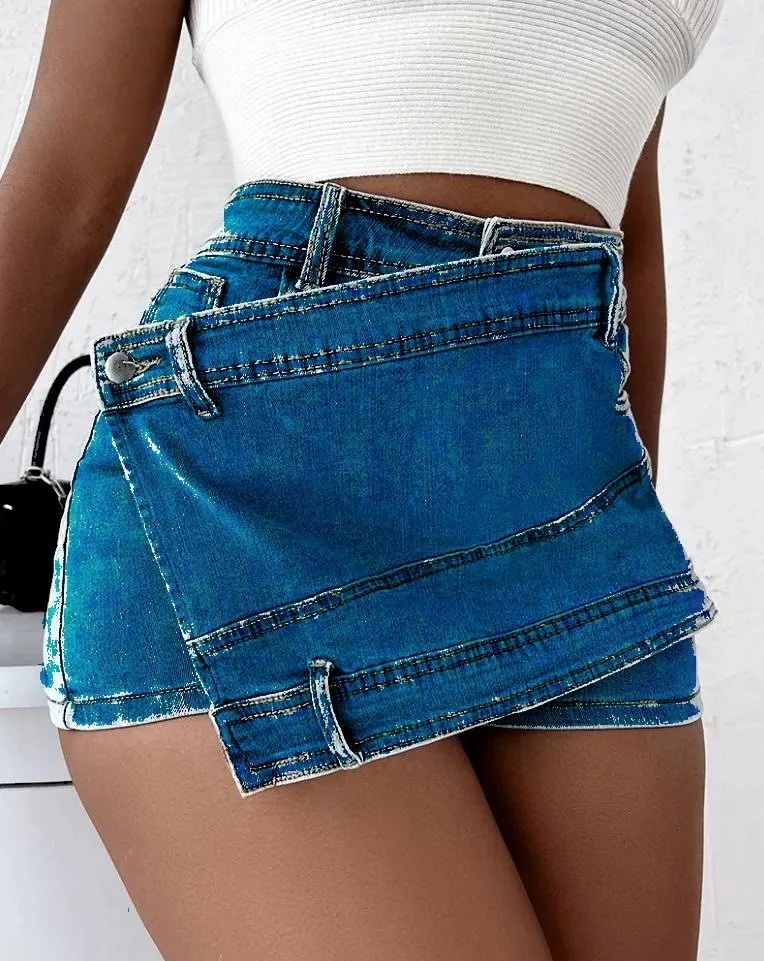 Denim Shorts Stretch Overlap Waist Wrap Solid Asymmetrical Hem A-Line Skinny Mini Skorts Skirt