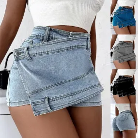 Denim Shorts Stretch Overlap Waist Wrap Solid Asymmetrical Hem A-Line Skinny Mini Skorts Skirt