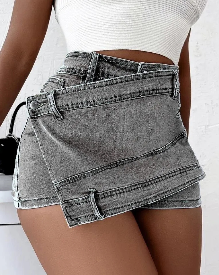 Denim Shorts Stretch Overlap Waist Wrap Solid Asymmetrical Hem A-Line Skinny Mini Skorts Skirt