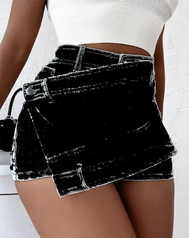 Denim Shorts Stretch Overlap Waist Wrap Solid Asymmetrical Hem A-Line Skinny Mini Skorts Skirt