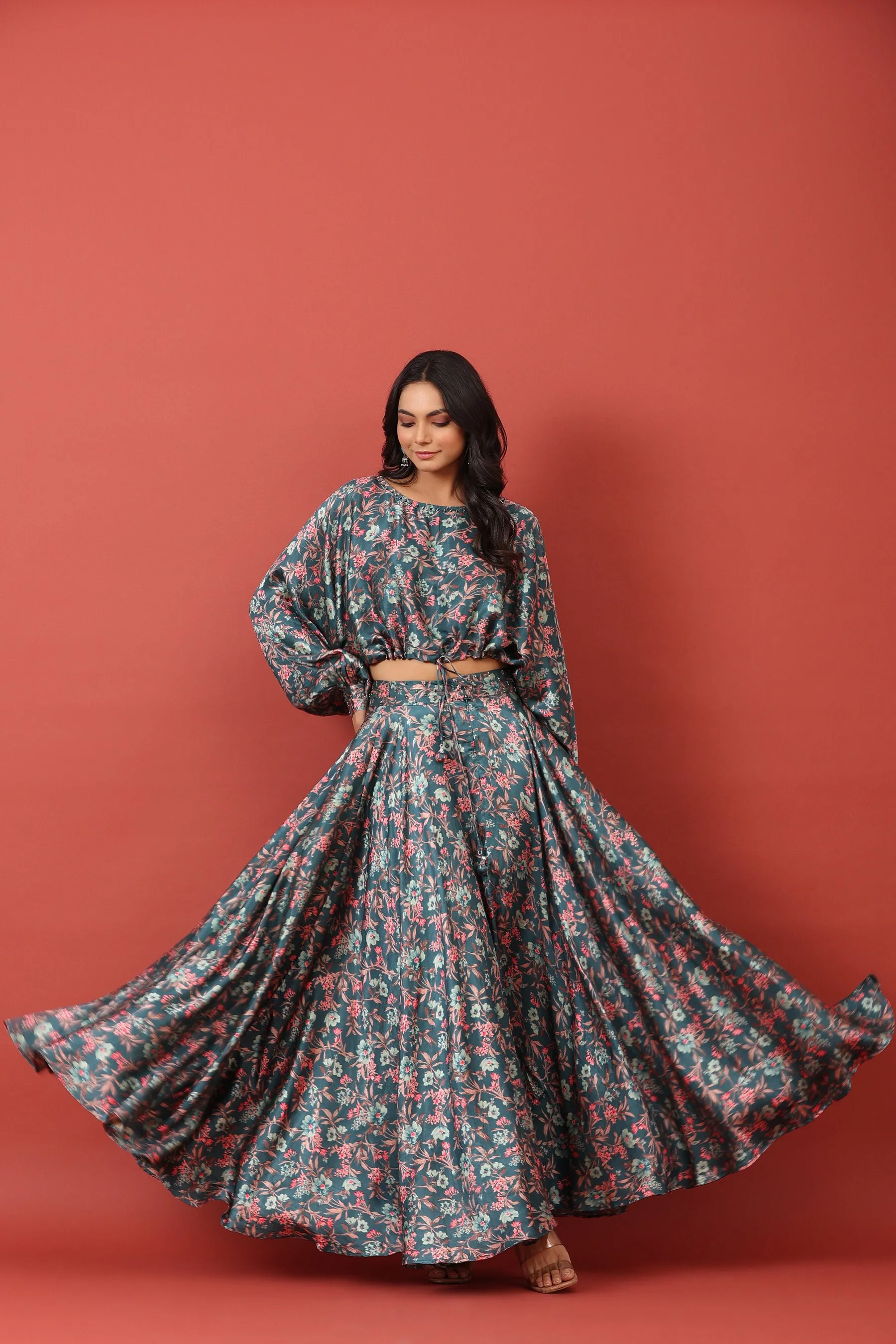 Floral Canopy On Blue Pure Satin Co-ord Set