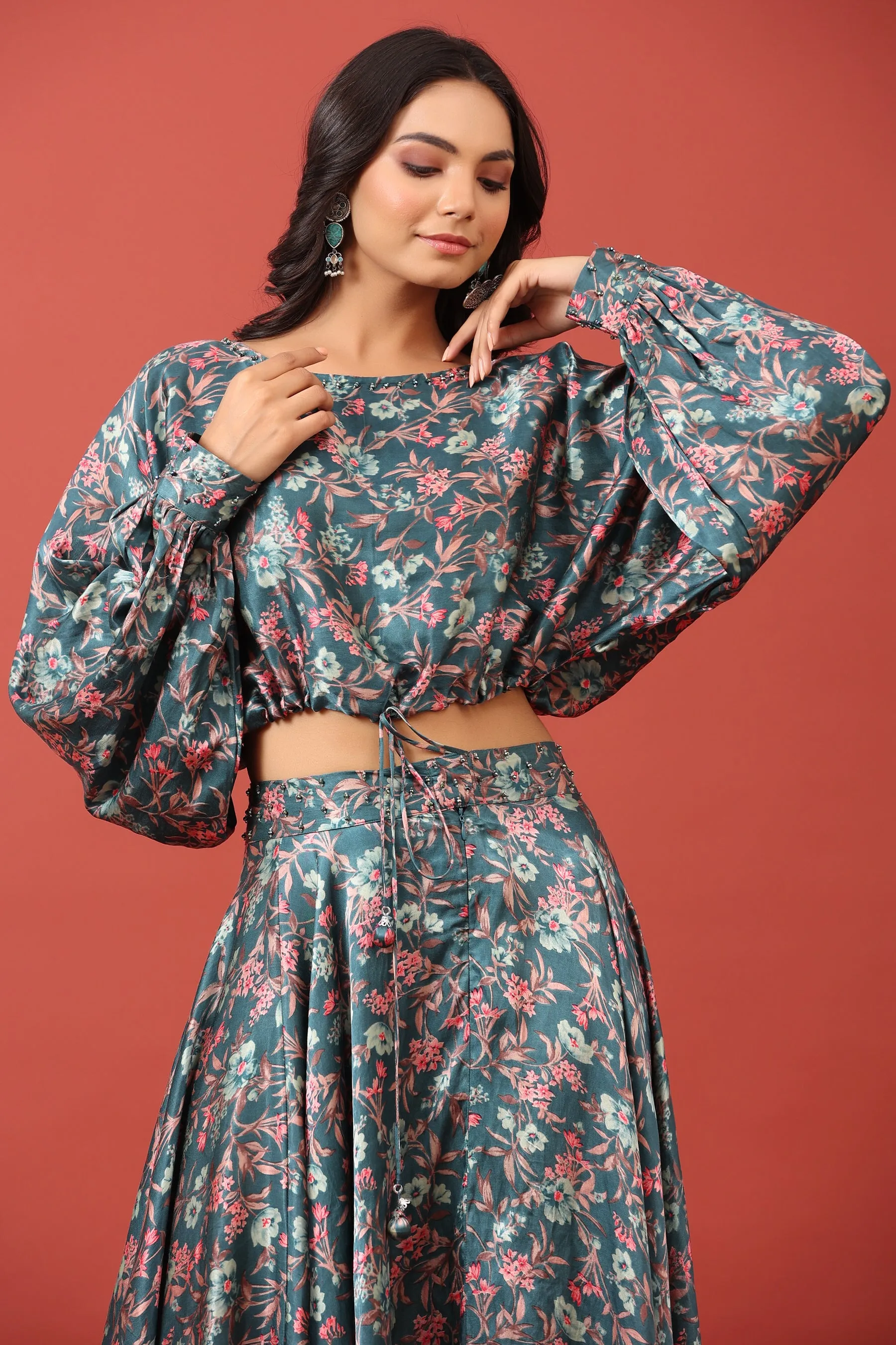 Floral Canopy On Blue Pure Satin Co-ord Set