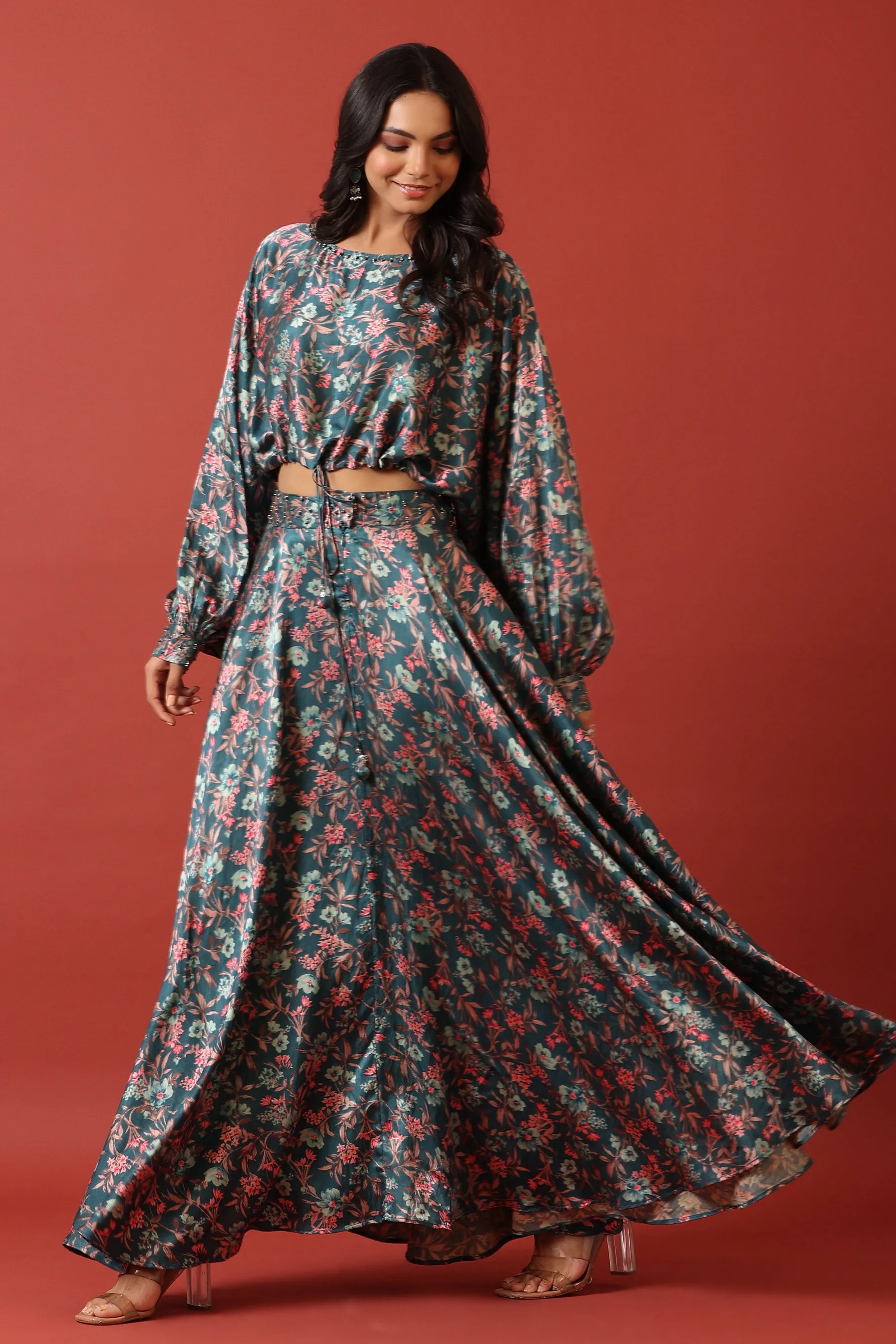 Floral Canopy On Blue Pure Satin Co-ord Set