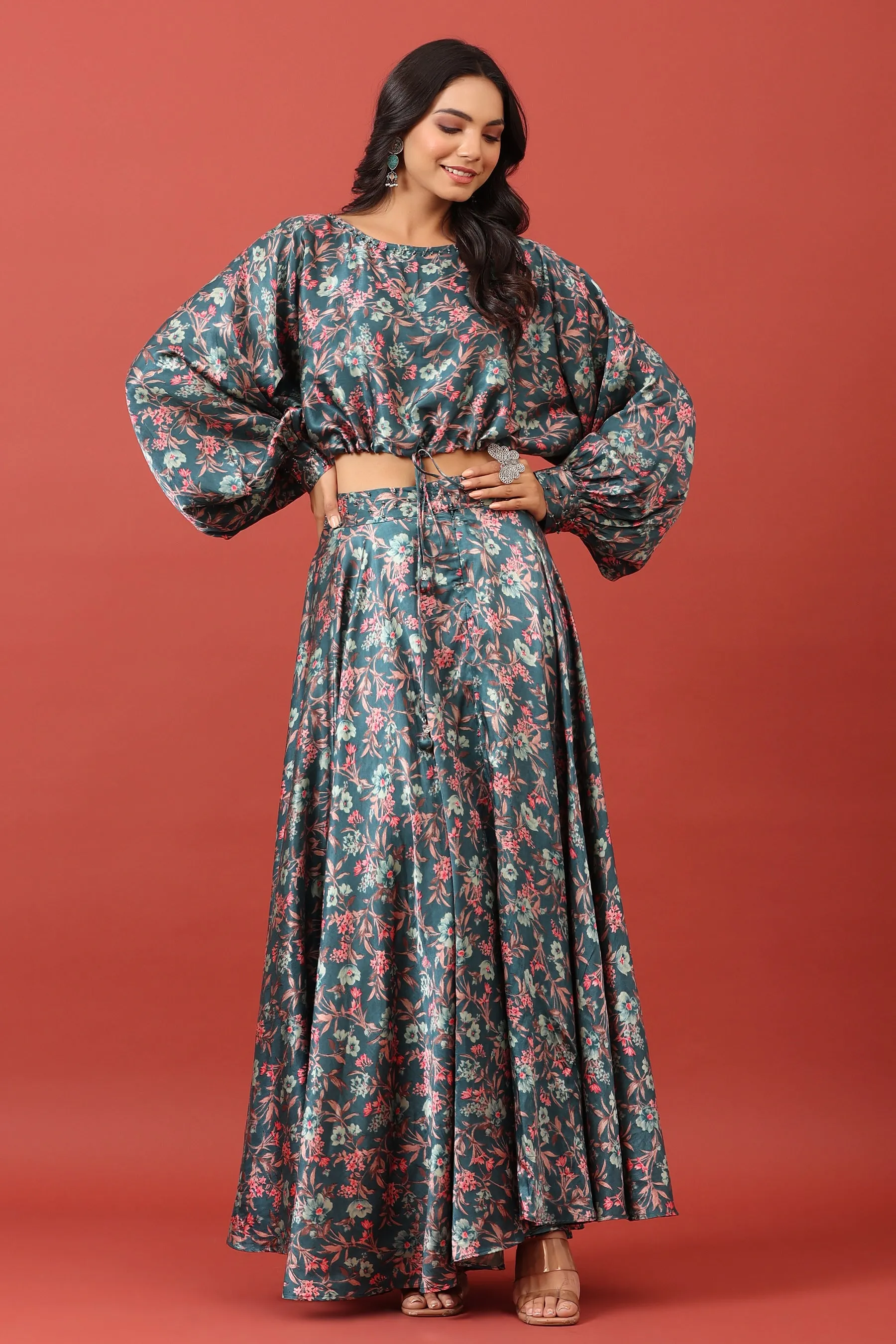 Floral Canopy On Blue Pure Satin Co-ord Set