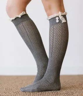 Gray Boho Boot Socks Crochet Lace Button Top Chevron Weave Knee High