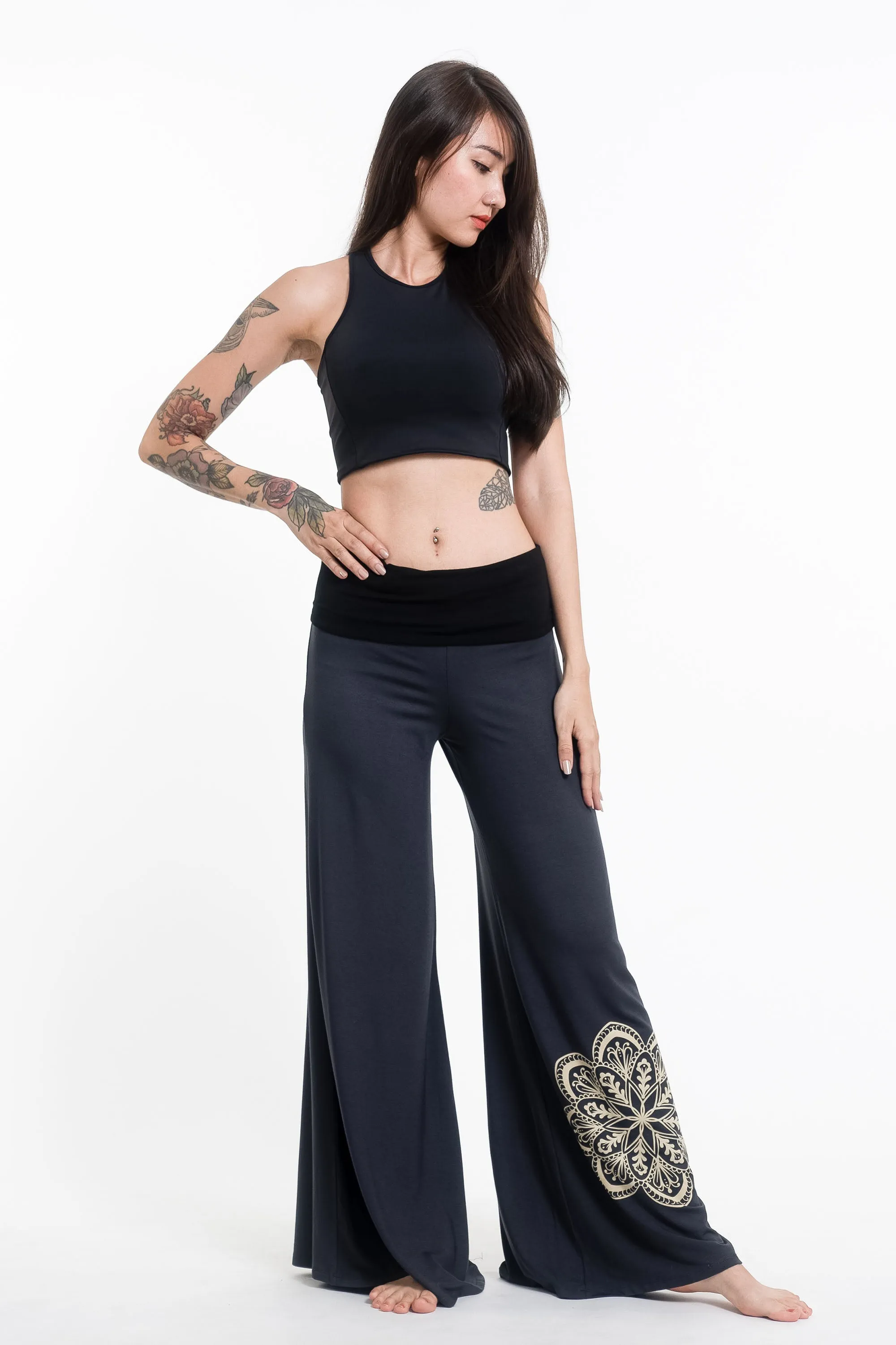 Mandala Print Wide Leg Palazzo Harem Pants Cotton Spandex in Gray