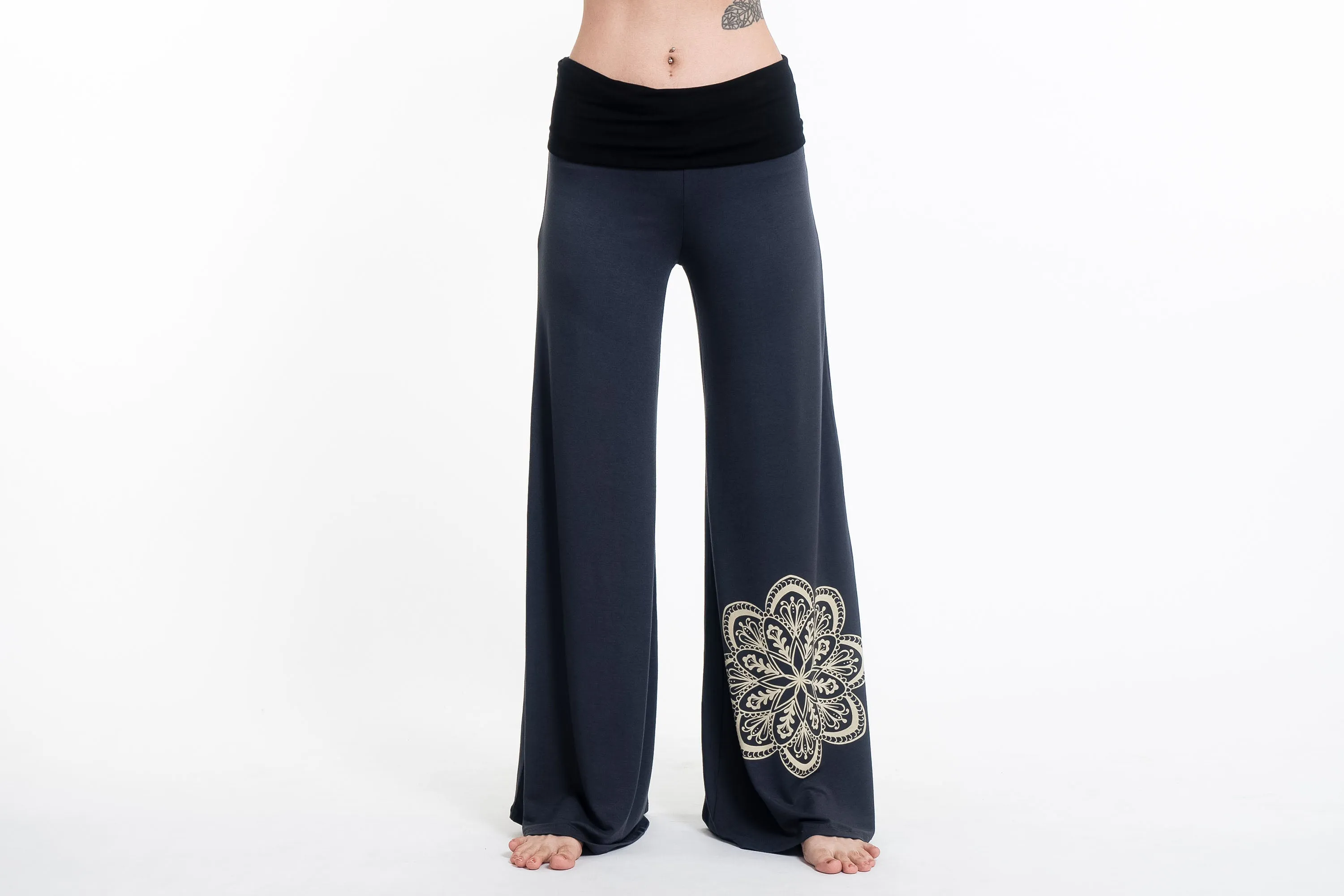 Mandala Print Wide Leg Palazzo Harem Pants Cotton Spandex in Gray