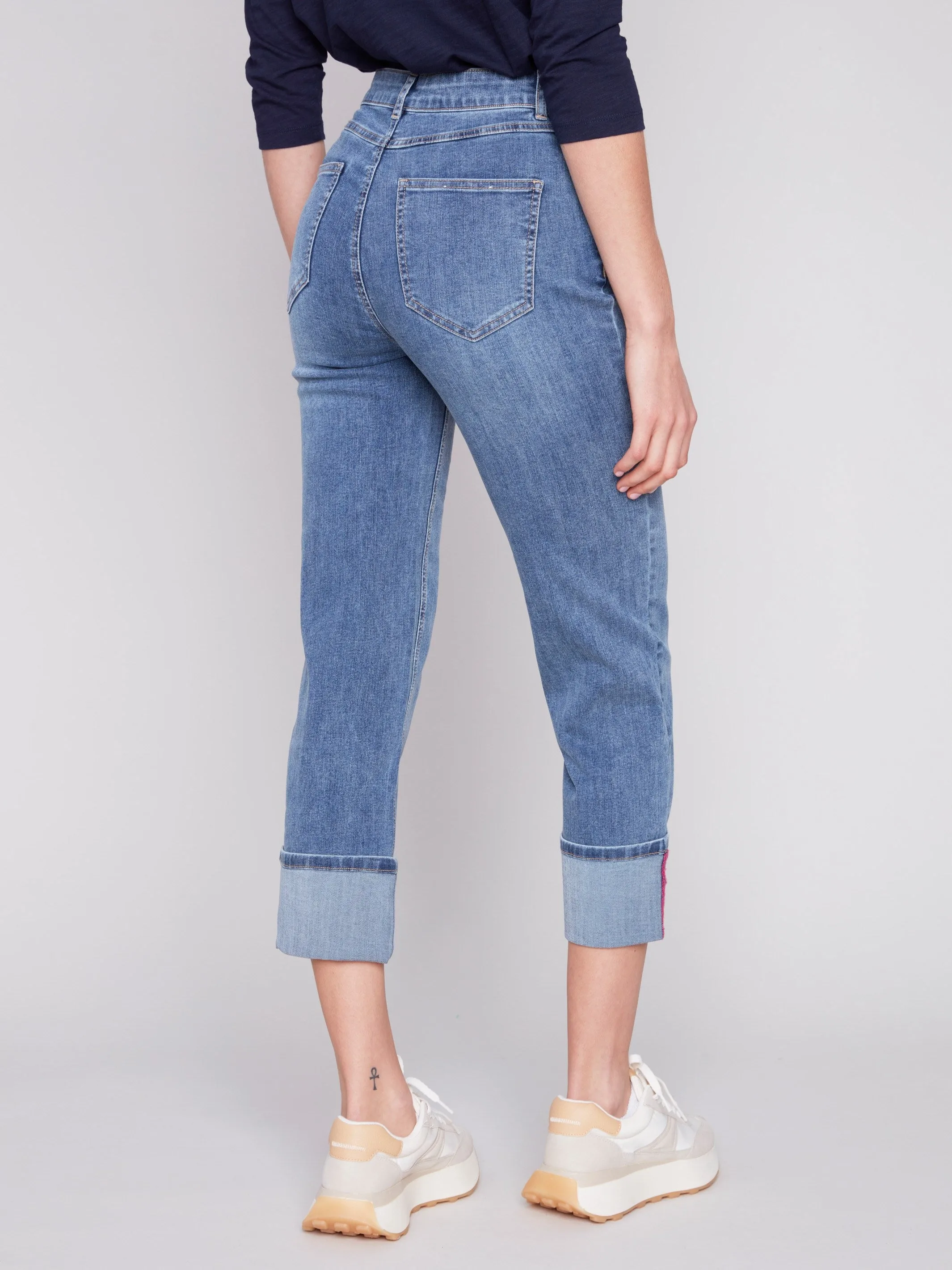 Straight Leg Jeans with Folded Cuff - Medium Blue