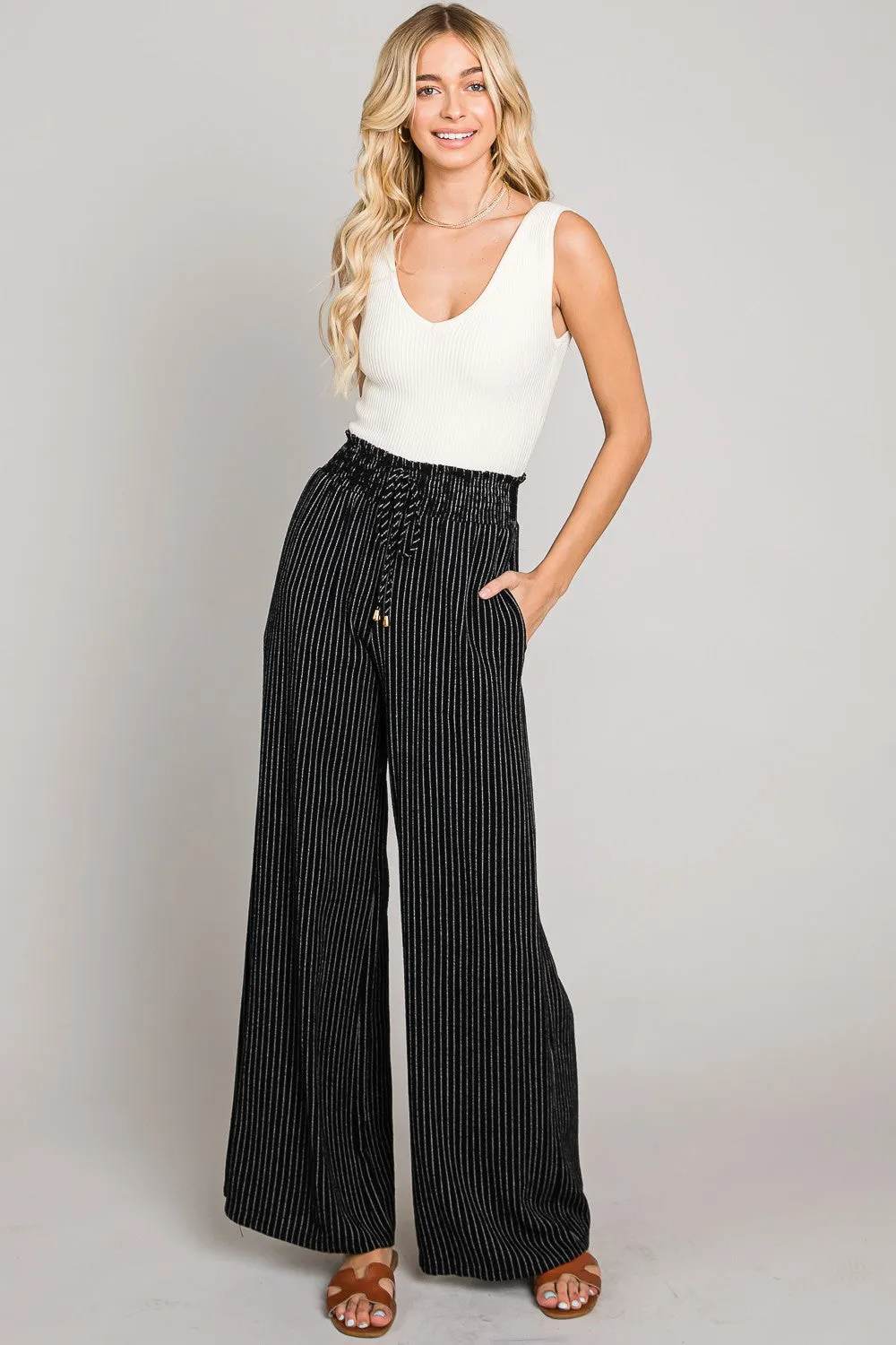 STRIPED LINEN SMOCKED PANTS