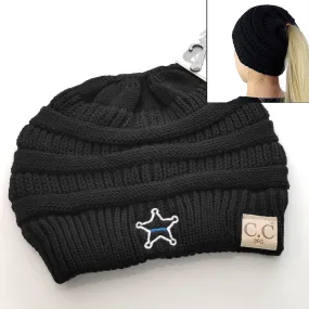 Thin Blue Line Sheriff Badge Ponytail Beanie